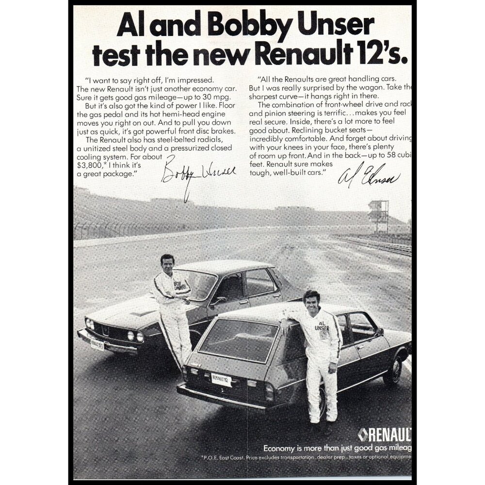 1975 Renault 12 Wagon and Sedan Vintage Print Ad Al Bobby Unser Wall Art Photo